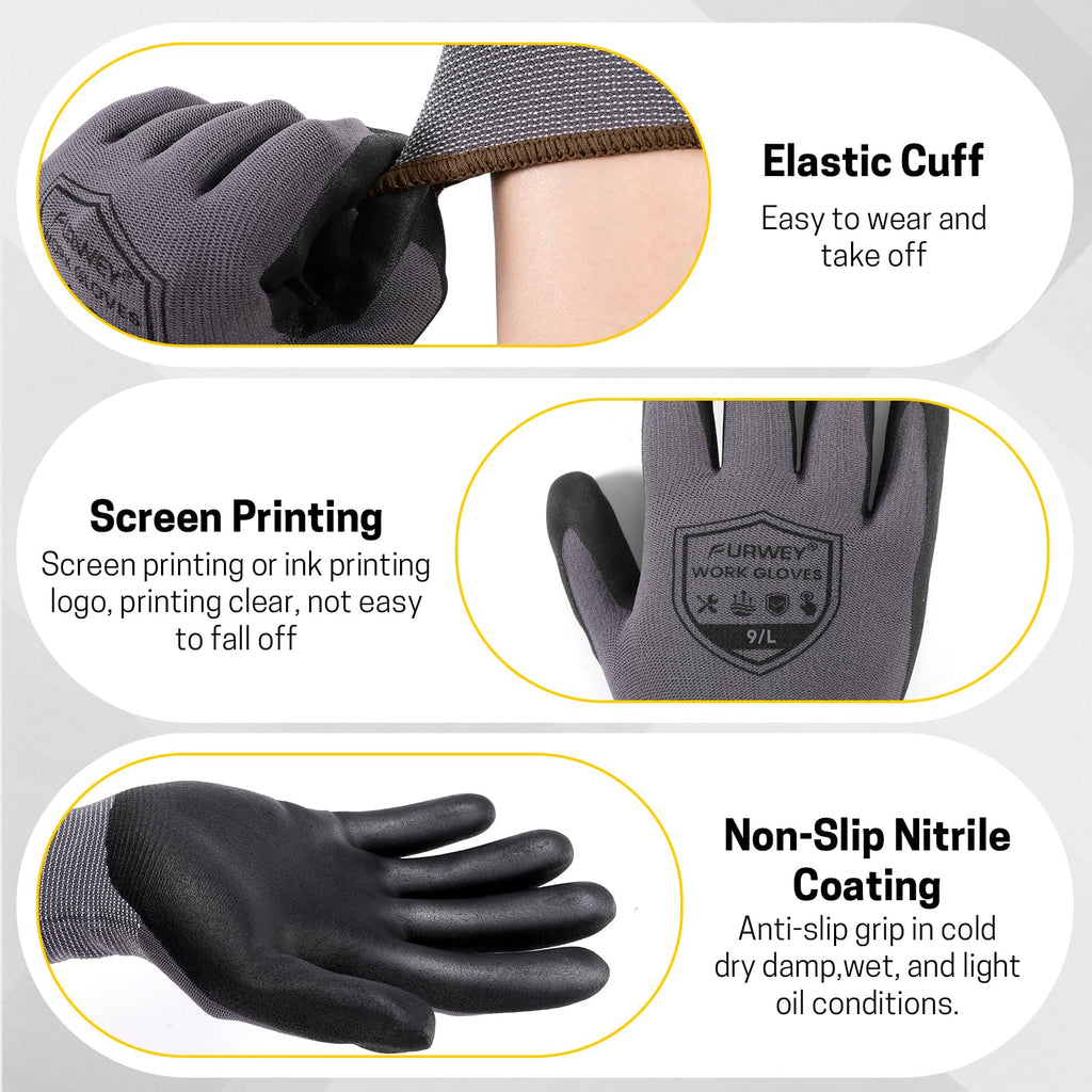 FURWEY Safety Work Gloves,16 Pairs Nitrile Micro Foam Coated,Seamless Knit,Size L