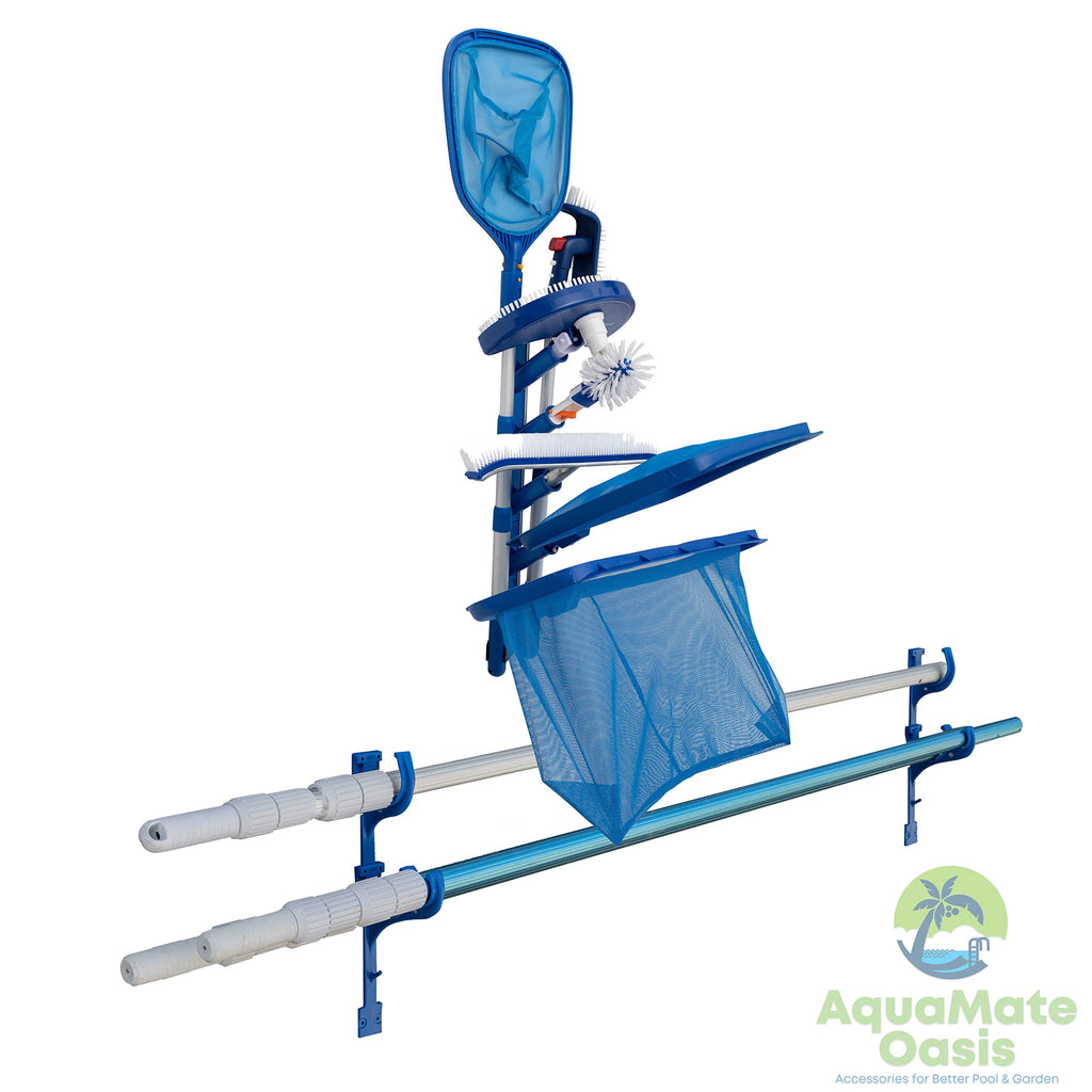 AquaMate Oasis Swimming Pool Accessories Holder, Fence Hooks for Pool Equipment Organizer, Pool tool storage rack for Pool Skimmer Pole Hanger Pool Maintenance Vacuum hose Storage Pool Hooks for Poles