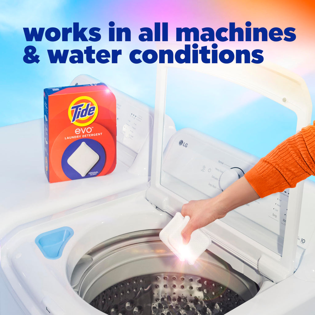 Tide evo Laundry Detergent Original Scent Works on 100% of Common Stains Concentrated Travel Detergent HE Compatible and Instant Dissolve Fights Stains Better than Leading Detergent Sheet, 42 Count