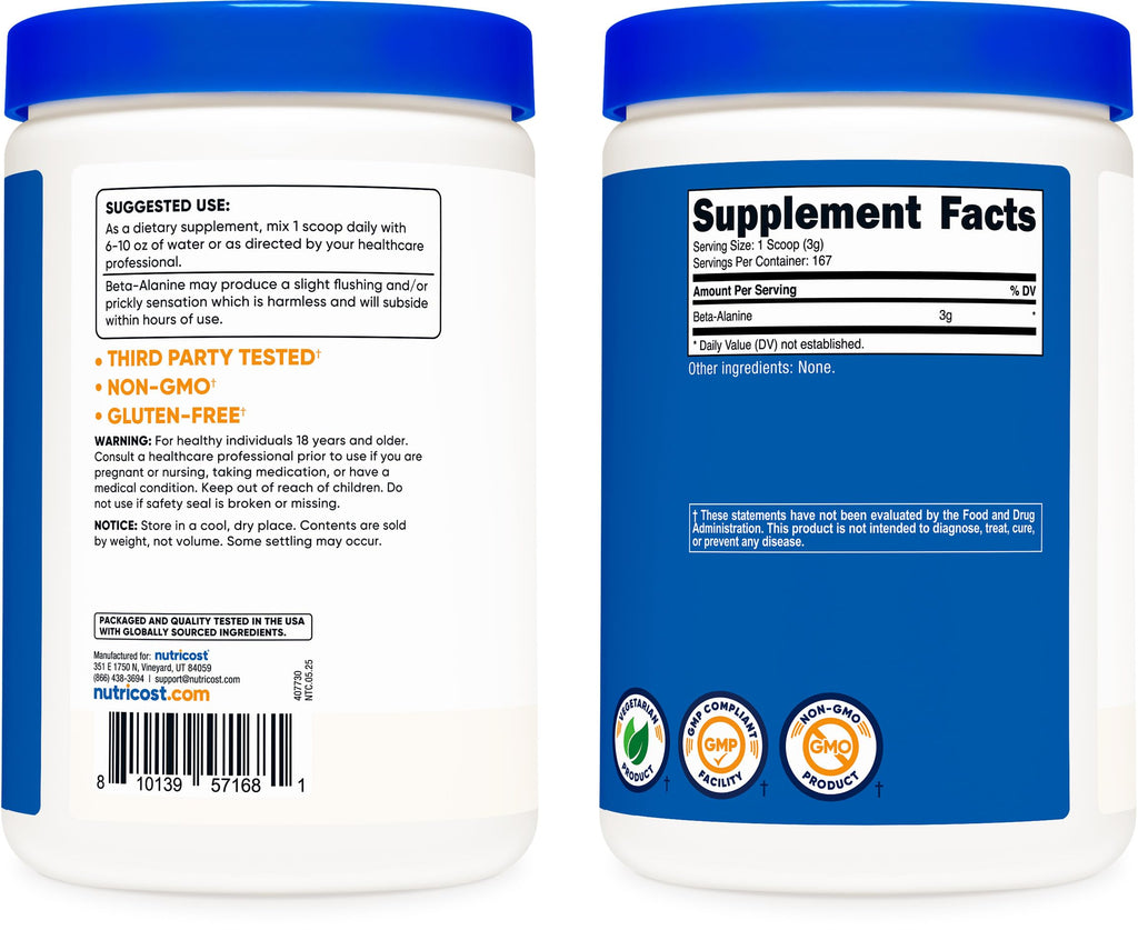 Nutricost Beta Alanine Powder 500 Grams (1.1lbs) - Pure Beta Alanine, Gluten Free & Non-GMO