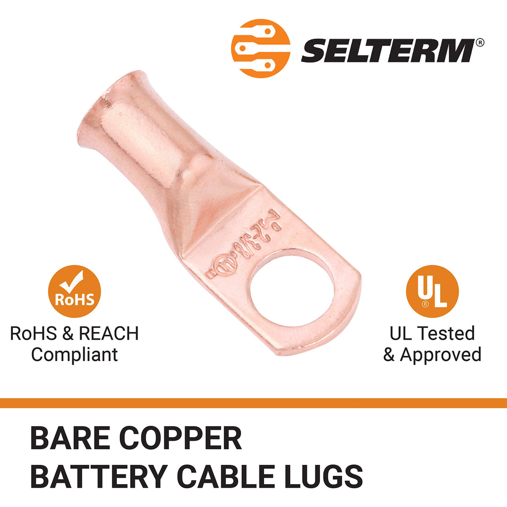 SELTERM 25pcs 2 AWG 3/8" Stud Heavy Duty Bare Copper Battery Cable Lugs