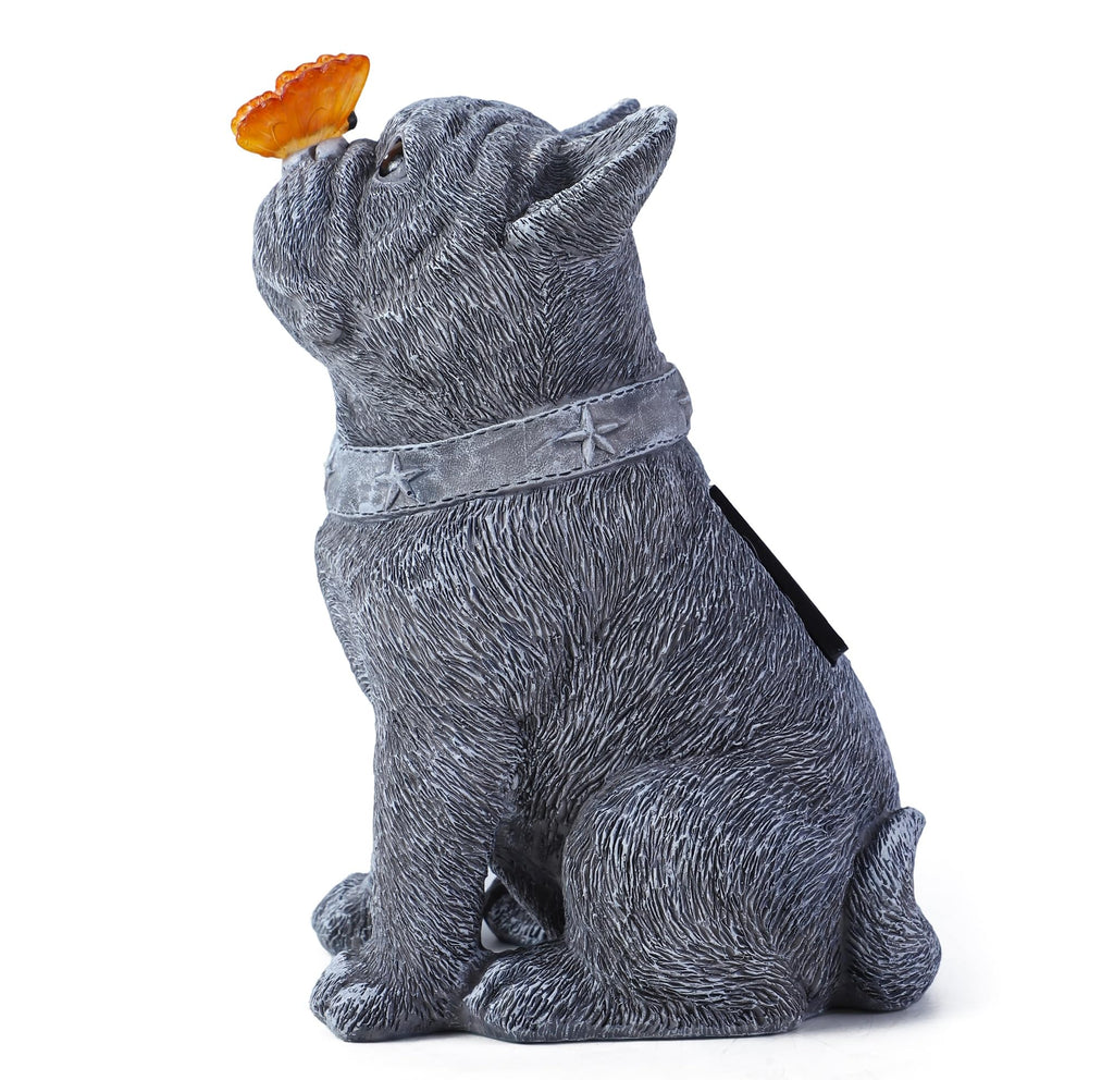 Solar French Bulldog Garden Statue with Butterfly, Outdoor Frenchie Gifts