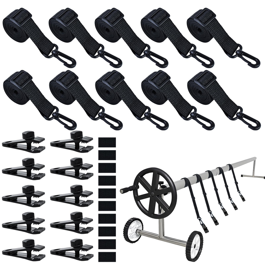 30Pcs Adjustable Length Upgraded Pool Solar Cover Reel Strap Pool Cover Reel Attachment Straps Pool Reel Strap Kit Including 10 Solar Cover Reel Blanket Straps with Hooks,10 Clamps,10 Touch Fastener
