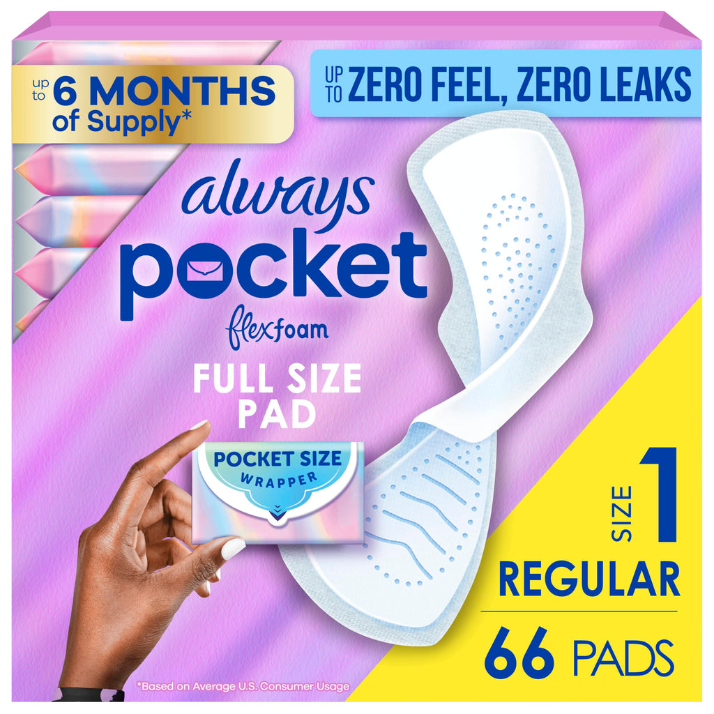 Always Pocket Feminine Pads with FlexFoam, Size 1, Regular, with Wings, Unscented, 66 Count (3 Packs of 22)