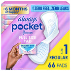 Always Pocket Feminine Pads with FlexFoam, Size 1, Regular, with Wings, Unscented, 66 Count (3 Packs of 22)