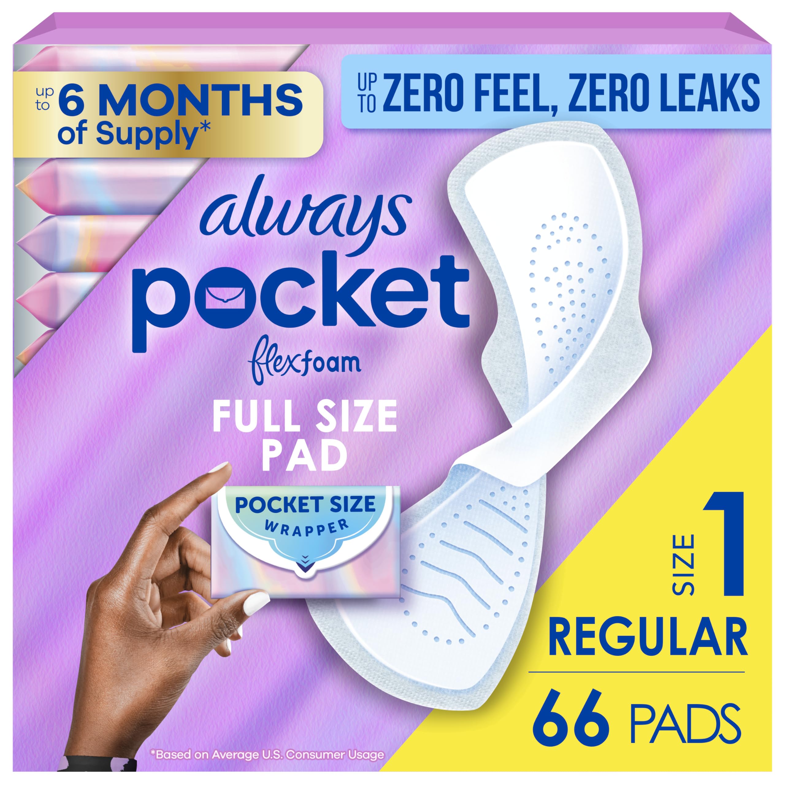 Always Pocket Feminine Pads with FlexFoam, Size 1, Regular, with Wings, Unscented, 66 Count (3 Packs of 22)
