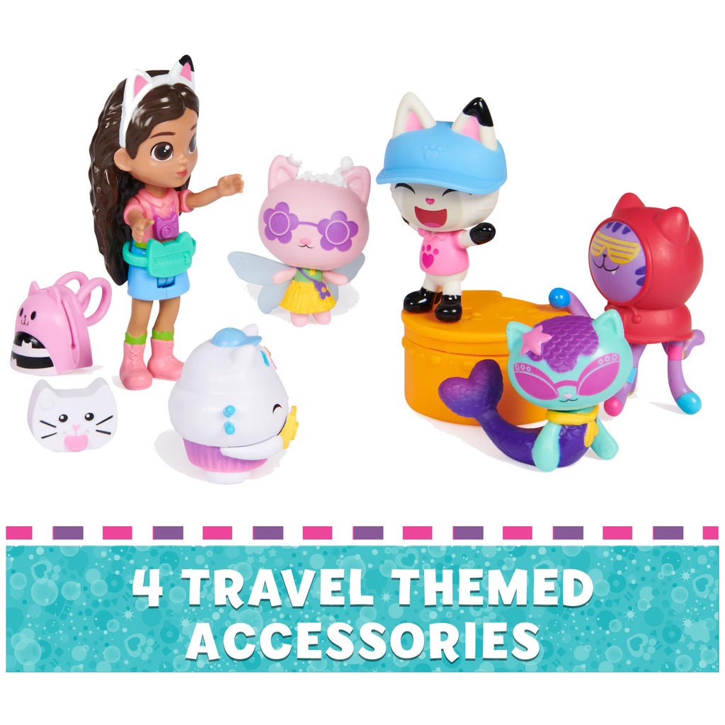 Gabby's Dollhouse, Travel Themed Figure Set with a Gabby Doll, 5 Cat Toy Figures, Surprise Toys & Dollhouse Accessories, Kids Toys for Girls & Boys 3+
