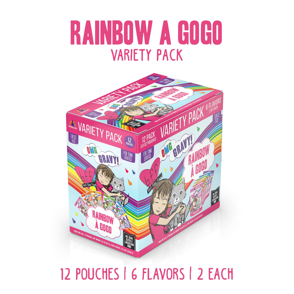 Weruva B.F.F. OMG - Best Feline Friend Oh My Gravy!, Rainbow A Gogo Variety Pack! Cat Food, 3oz Pouch (Pack of 12)