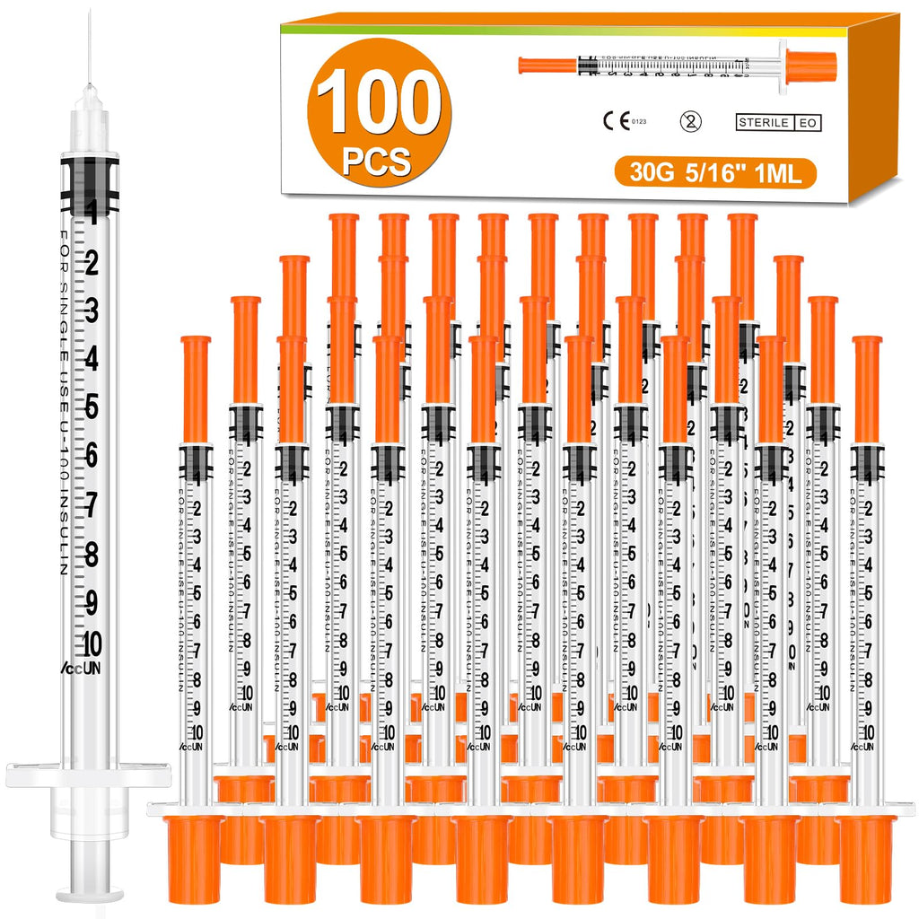 100 Pack 1ml Syringes with Needle-30Ga 5/16 Inch, Individually Sealed Packaging