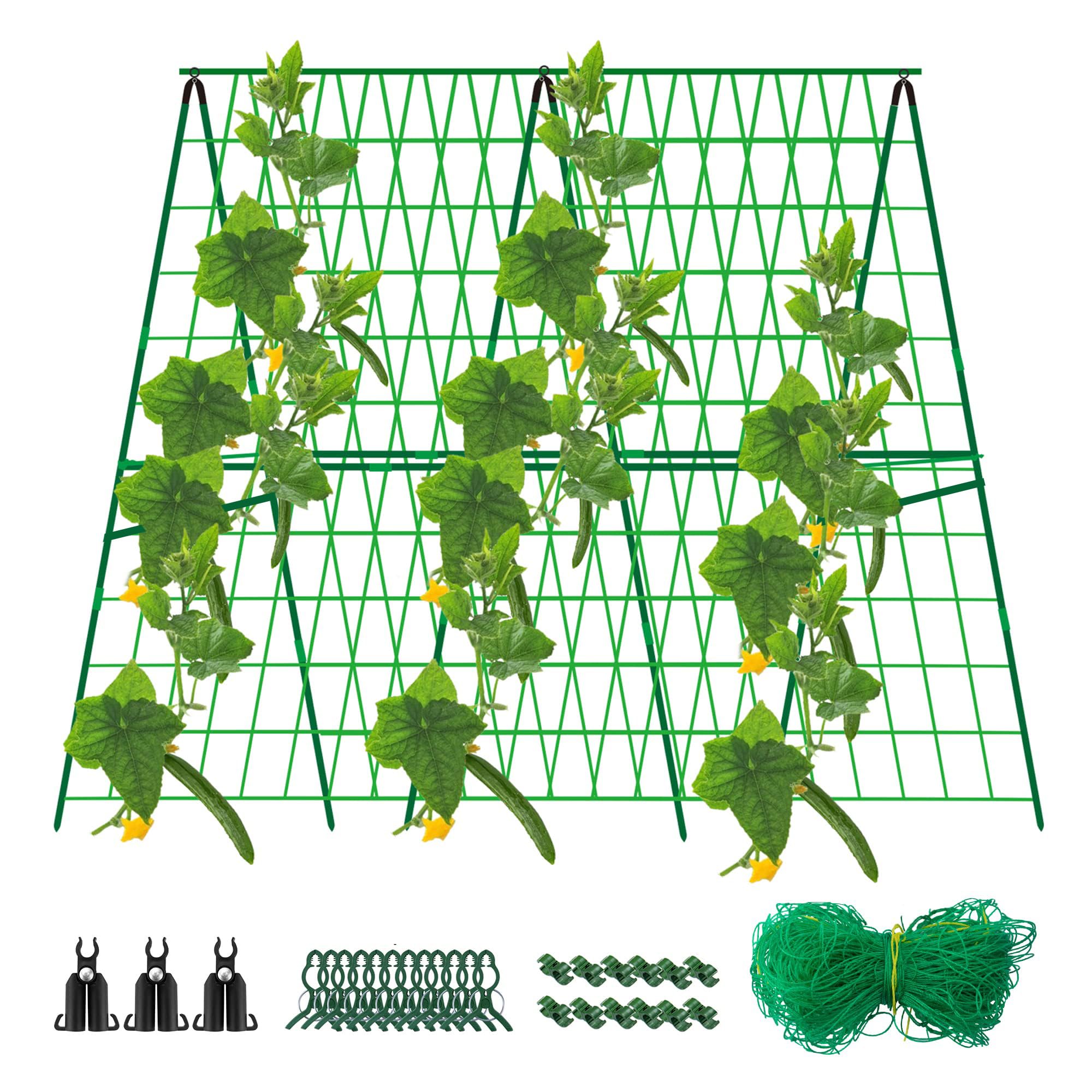 48 x 48 Inch Foldable Cucumber Trellis for Raised Bed- A-Frame Garden Trellis for Climbing Plant Outdoor with Climbing Net and Plant Support Clip for Outdoor Plants Zucchini Vegetables Tomato Flowers
