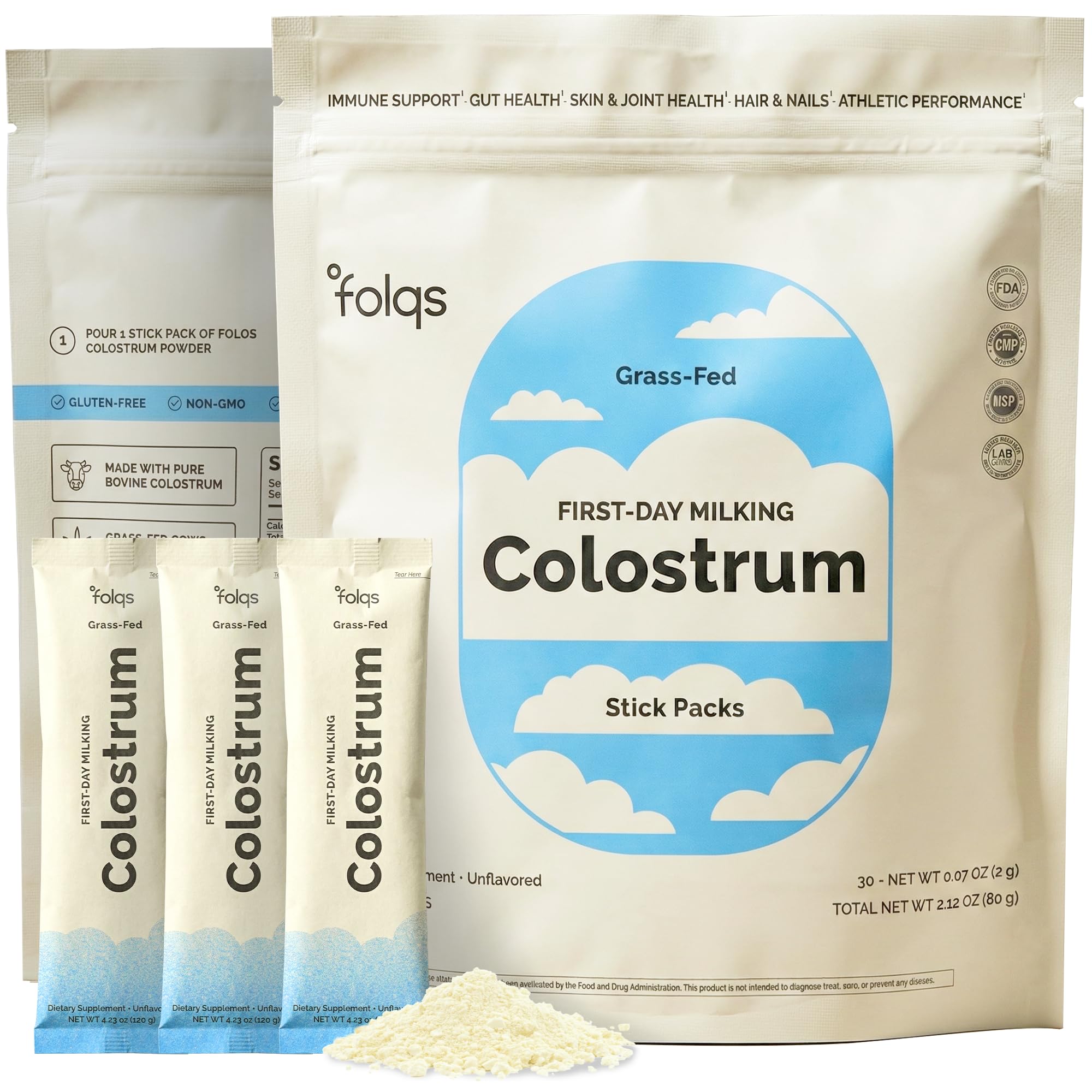 Folqs Bovine Colostrum Powder - First-Day Milking for Immune and Gut Support - 30 Servings - Supports Skin, Tissue Health - Made in USA - Amino Acids, Vitamins, Minerals - Kosher - Sustainably Sourced