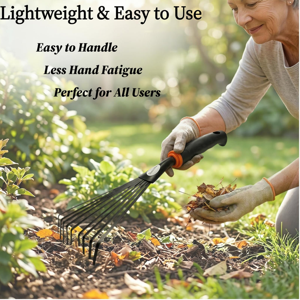2 Pack Small Hand Rake for Gardening, Mini Leaf & Shrub Rake with Durable Steel Tines, Ergonomic Non-Slip Handle for Flower Beds, Lawn, Leaves & Yard Cleanup