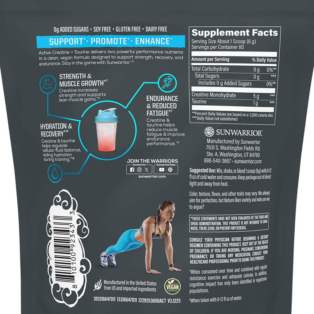 Creatine Monohydrate Powder Taurine Supplement, 5g Creatine Monohydrate 1g Taurine per Serving | Vegan Muscle Strength, Endurance & Recovery Support, Clean Performance Formula | 60 Servings Unflavored