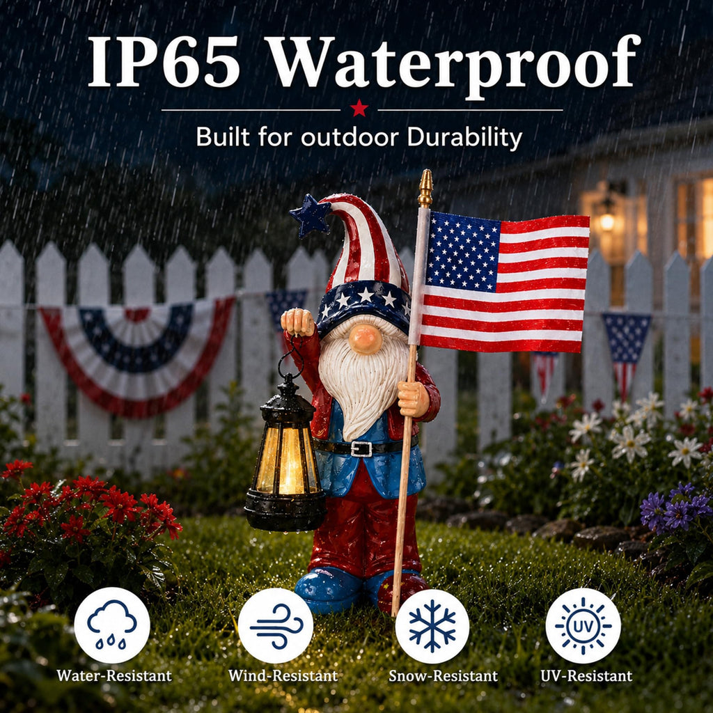Nacome Solar Patriotic Gnomes Statues with Flag for Garden Decor