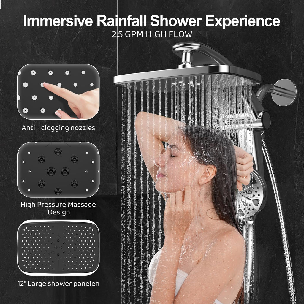 Rain Shower Head with filtered Handheld High Pressure rainfall Shower Heads with Handheld Spray Combo Adjustable one-piece stand daul shower head Built-in Magnetic Docking and Power Jets