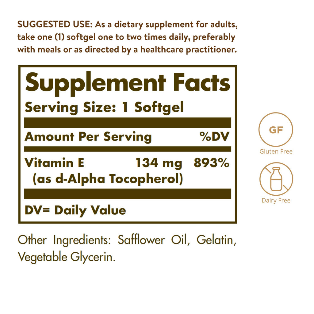 Solgar Vitamin E 200 IU Alpha,100 Softgels - Antioxidant,Healthy Aging,Healthy Skin,Immune System Support - Natural Source Vitamin E - Gluten Free,Dairy Free - 100 Servings,(Pack of 2)