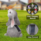 Garden Statue Outdoor Decor Rabbit with Solar Butterfly Changing Lights