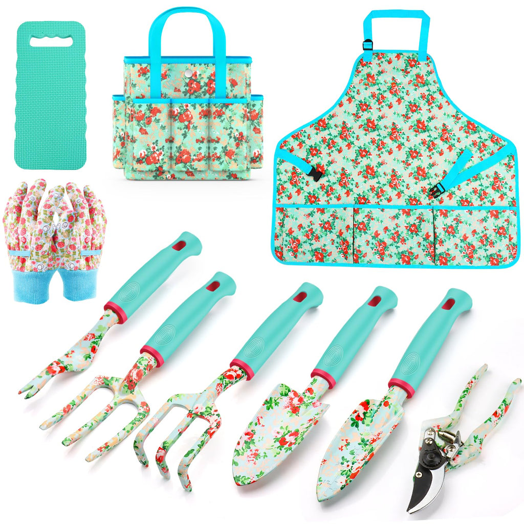 Garden Tools Set, JUMPHIGH 10 PCS Heavy Duty Gardening Tools Includes Hand Trowel Rake Weeder Pruner, Gardening Gifts for Women, Garden Kit with Tote Bag, Apron, Gloves, Kneeling Pad
