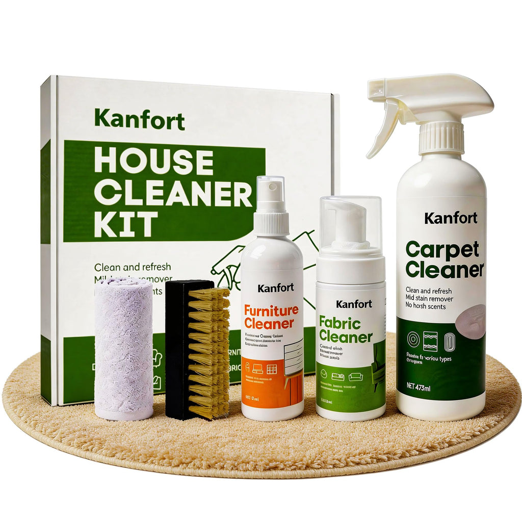kanfort Carpet & Upholstery Cleaner 5-Piece Set, Fast Action Stain Remover for Furniture, Fabric, Sofa, Car Seats & Clothes - Includes Brush and Towel - Safe for Kids and Pets, Includes Brush & Towel