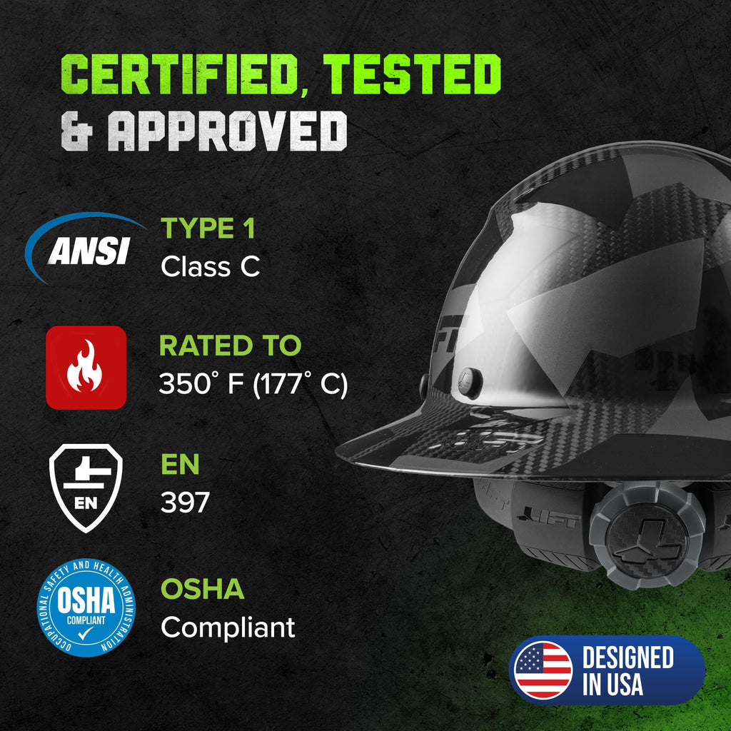 Lift Dax Carbon Fiber Full Brim Hard Hat/Safety Helmet, Black Camo