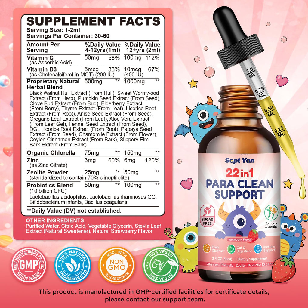 SEPT YAN 22 in 1 Parasite Cleanse for Humans & Kids, Herbal Gut Cleanse Liquid Drops with Wormwood, Black Walnut, Clove, Chlorella, Oregano, Digestive Health Support - Strawberry Flavor, 2 Fl Oz