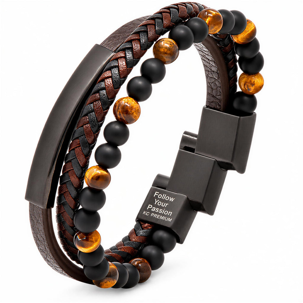Premium Men’s Bracelet | Leather Bracelet for Men | Beaded Bracelets Black Onyx & Tiger-Eye Beads | Brown Leather Jewelry with Adjustable Stainless-Steel Clasp | Gift Dad Husband Son Boyfriend