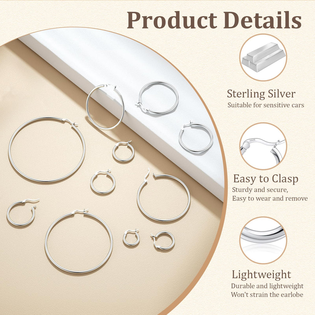 JIAYIQI Sterling Silver Hoop Earrings for Women 18K White Gold Plated Hypoallergenic Round Sliver Hoop Earrings Diameter 20mm