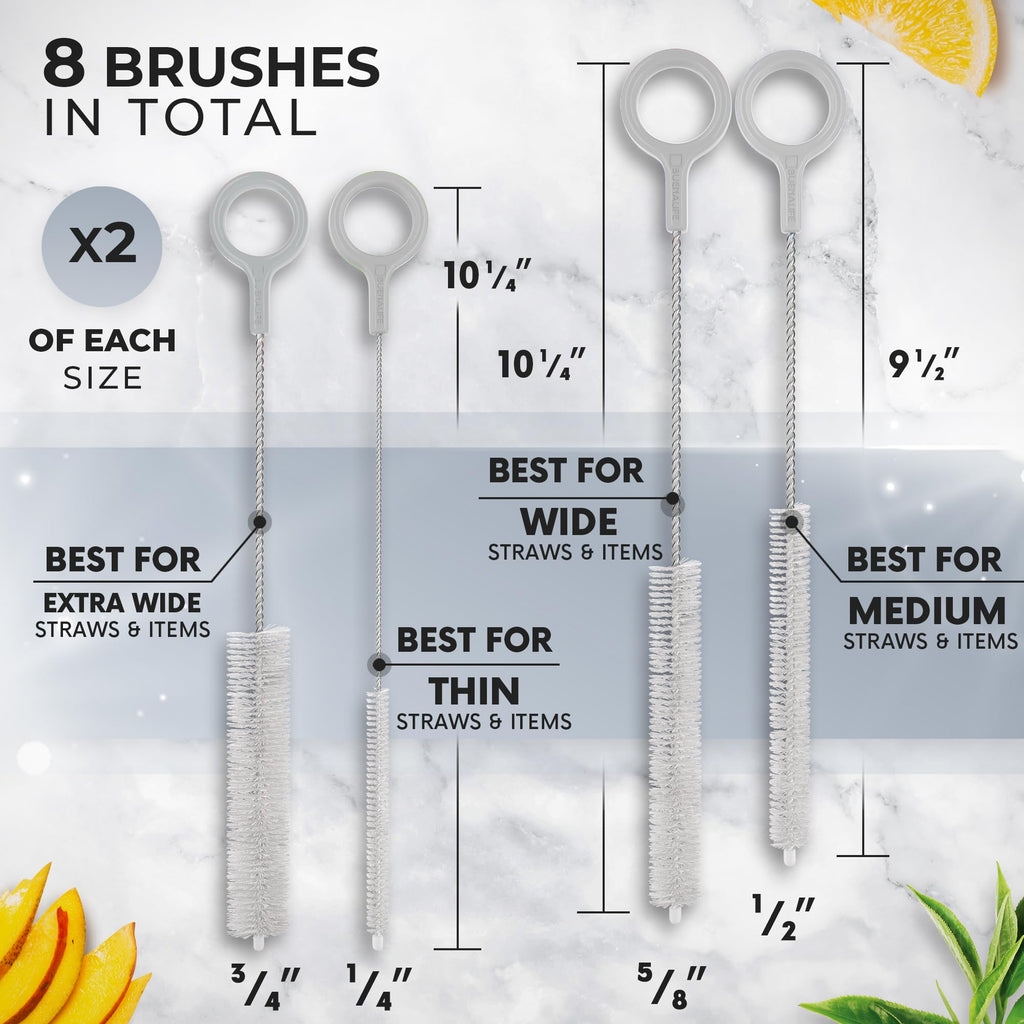 Buenalife Heavy Duty Cleaning Brushes Set of 8 - Extra Long Straw Cleaners for Metal and Plastic Reusable Drinking Straws, to Clean Small Spaces, Sippy Cups, Water Bottles - Sturdy Hard Brush Bristles