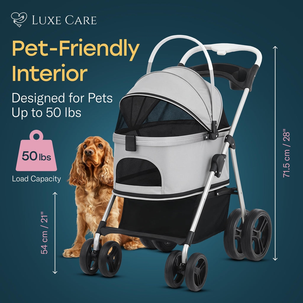 LUXE CARES 4 Wheel Foldable Pet Stroller - Lightweight Dogs and Cats Stroller Upto 50lbs with Mesh Canopy, Storage Basket and Cup Holder, Durable for Walks and Outings (Medium)