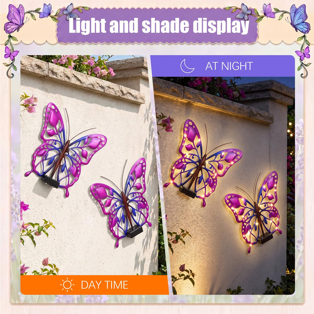 2 Pack Solar Butterfly Lights LED 9.8" Metal Butterfly Outdoor Wall Decor
