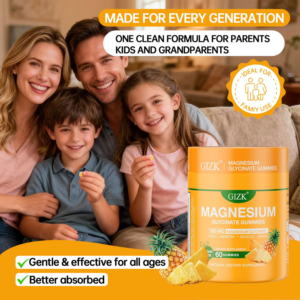 Magnesium Glycinate Gummies 500mg – Sugar Free Magnesium Gummies for Sleep, Stress, Muscle & Nerve Support – for Adults & Kids 4+, Vegan, No Melatonin (Pineapple Flavor, 60 Count)