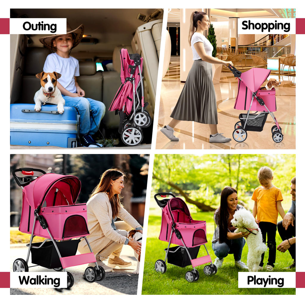 Azaeahom Pet Stroller, 4 Wheels Pet Strolling Cart for Medium/Small Dogs and Cats, Foldable Cat Jogger/Dog Stroller with Cup Holder, Storage Basket, Breathable Mesh, All-Season Pet Carrier, Pink
