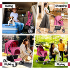 Azaeahom Pet Stroller, 4 Wheels Pet Strolling Cart for Medium/Small Dogs and Cats, Foldable Cat Jogger/Dog Stroller with Cup Holder, Storage Basket, Breathable Mesh, All-Season Pet Carrier, Pink