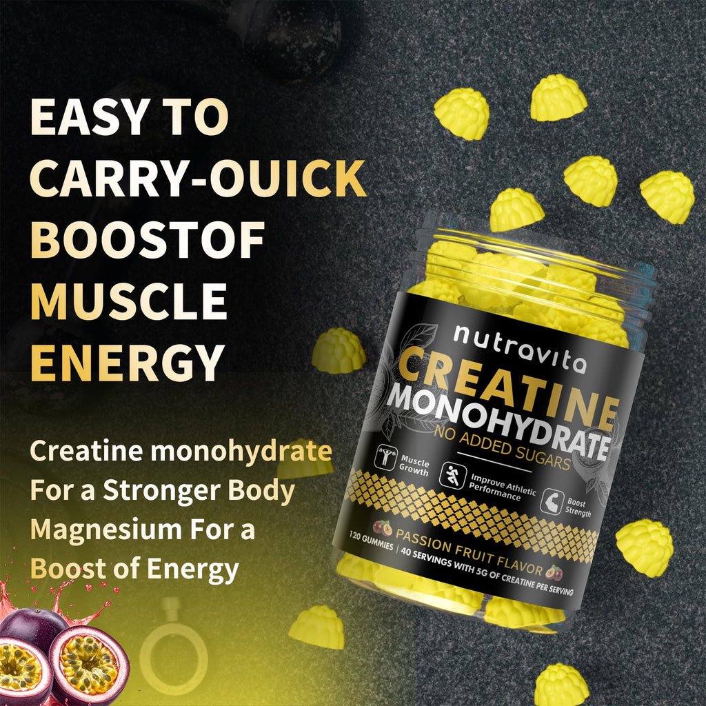 Nutravita NSF Certified Creatine Gummy - Creatine Monohydrate Gummies for Men & Women-5g of Creatine Monohydrate per Serving - Sugar Free,Vegan, Passion Fruit Flavor, 120 Count