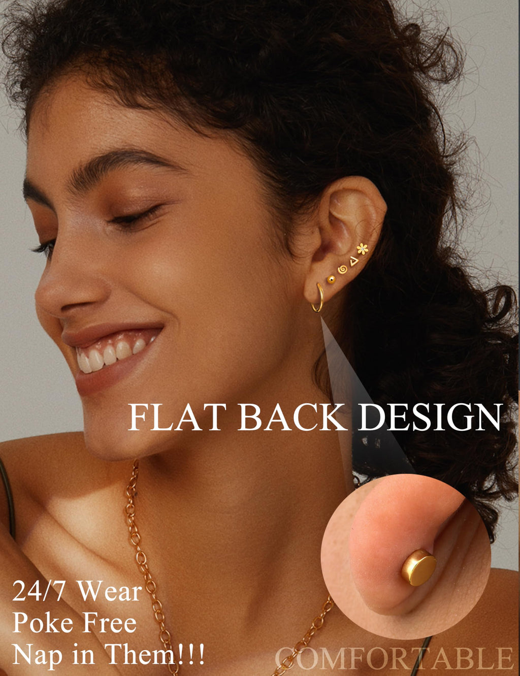 21 Paris Stainless Surgical Steel Flat Back Earrings Hypoallergenic Gold