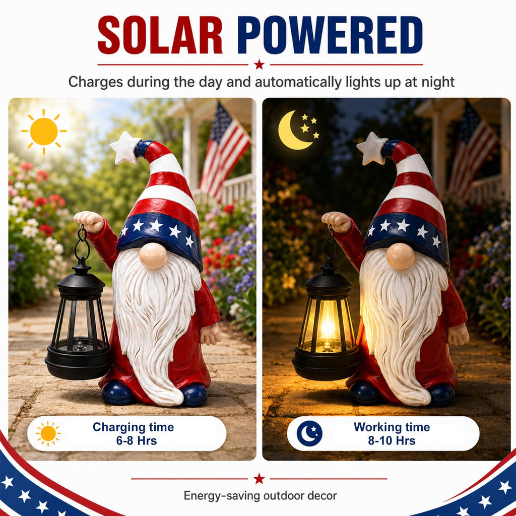 Solar Patriotic Gnome Garden Decor,9.4" Independence Day Garden Statues