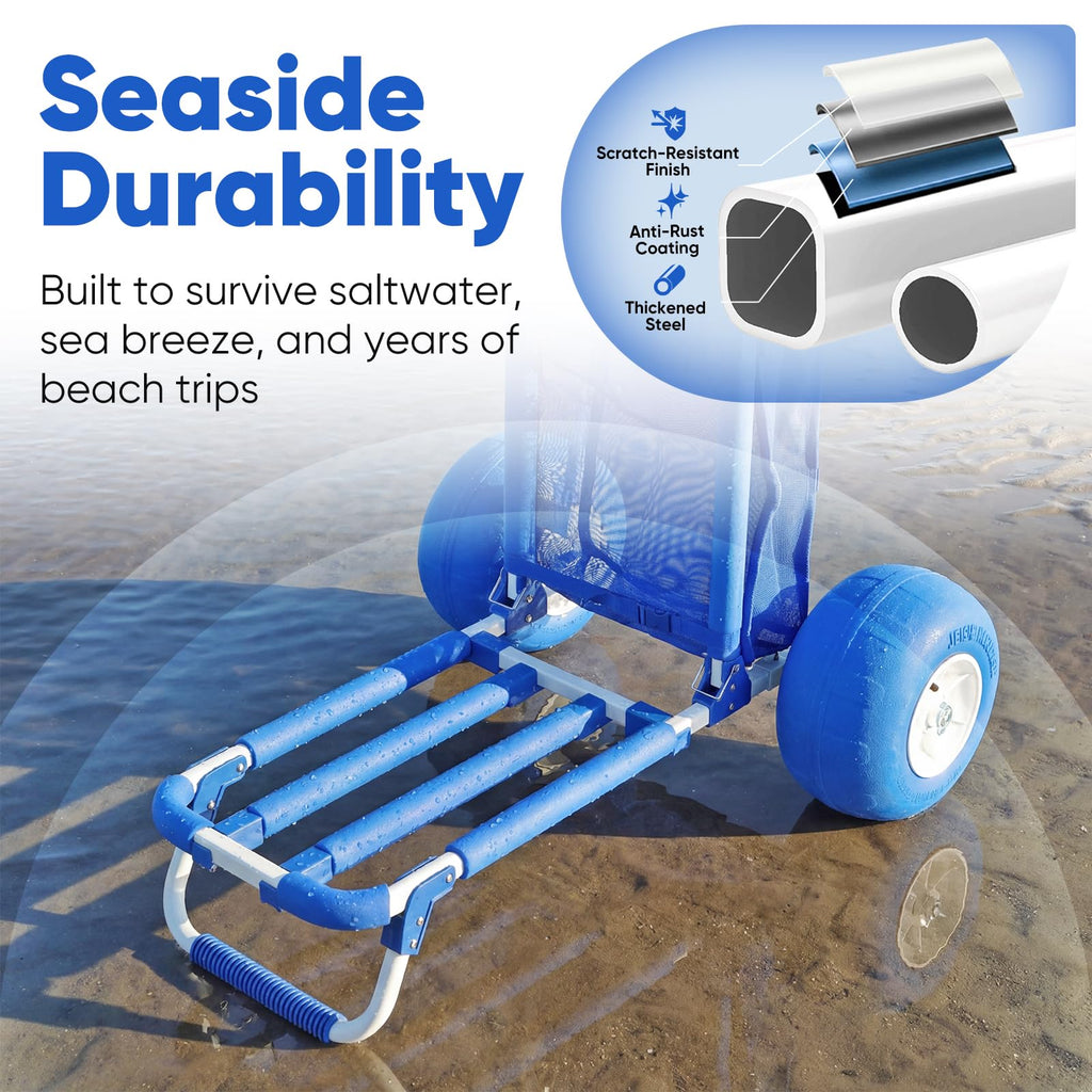 Sekey Beach Wagon with 12" Big Wheels for Sand, Heavy Duty Collapsible Beach Cart with Balloon Tires, Foldable Utility Sand Wagon for Outdoor Camping, Fishing & Groceries. Blue