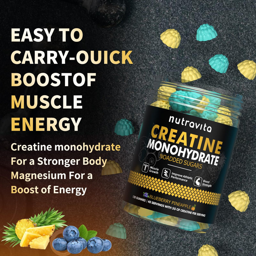 Nutravita NSF Certified Creatine Gummy - Creatine Monohydrate Gummies for Men & Women-5g of Creatine Monohydrate per Serving - Sugar Free,Vegan,Blueberry Pineapple Flavor, 120 Count