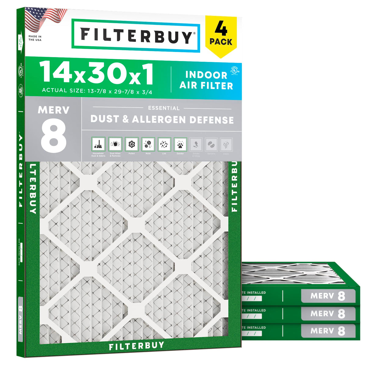 Filterbuy 14x30x1 Air Filter MERV 8 Dust & Allergy Defense (4-Pack)