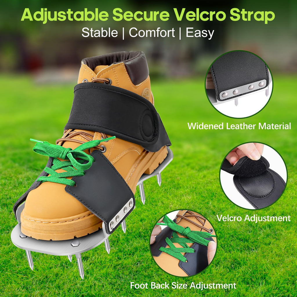 Leweio Aerator Shoes, Lawn Aerator Shoes for Grass with 3MM Metal Bottom, Aeration Shoes for Lawn with Adaptable Straps, Pre-Assembled Aerating Shoes for Lawn with Bend-Resistant Spikes, Green