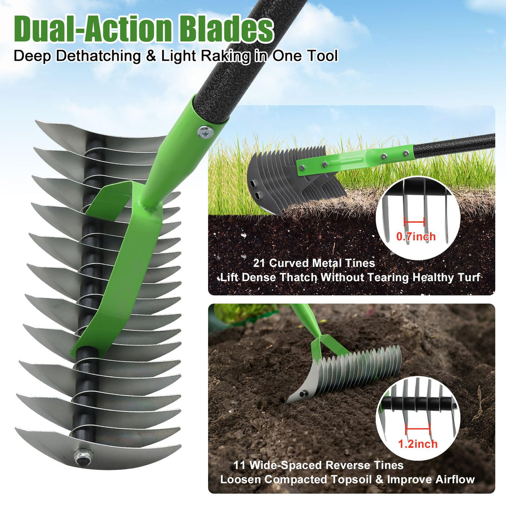 Heavy Duty Thatch Rake, 13" Dual-Sided, 21 Carbon Steel Tines, 70" Handle