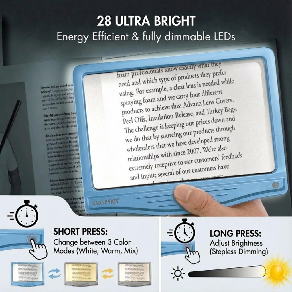 MagniPros 5X Rechargeable Large Ultra Bright LED Page Magnifier with Anti-Glare Lens & 3 Color Light Modes, Relieve Eye Strain- Ideal for Reading Small Prints, Low Vision, Seniors