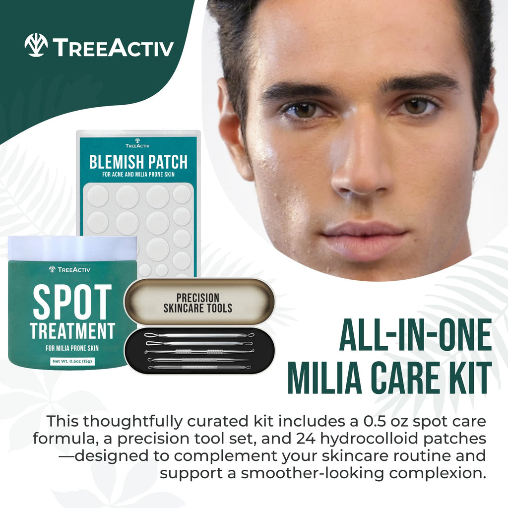 TreeActiv Milia Spot Treatment 3 Piece Tool Set, Milia Remover Set, Includes 12ml Overnight Milia Remover Cream with Bentonite Clay and Aloe Vera, Milia Extractor Tool Kit Acne Treat