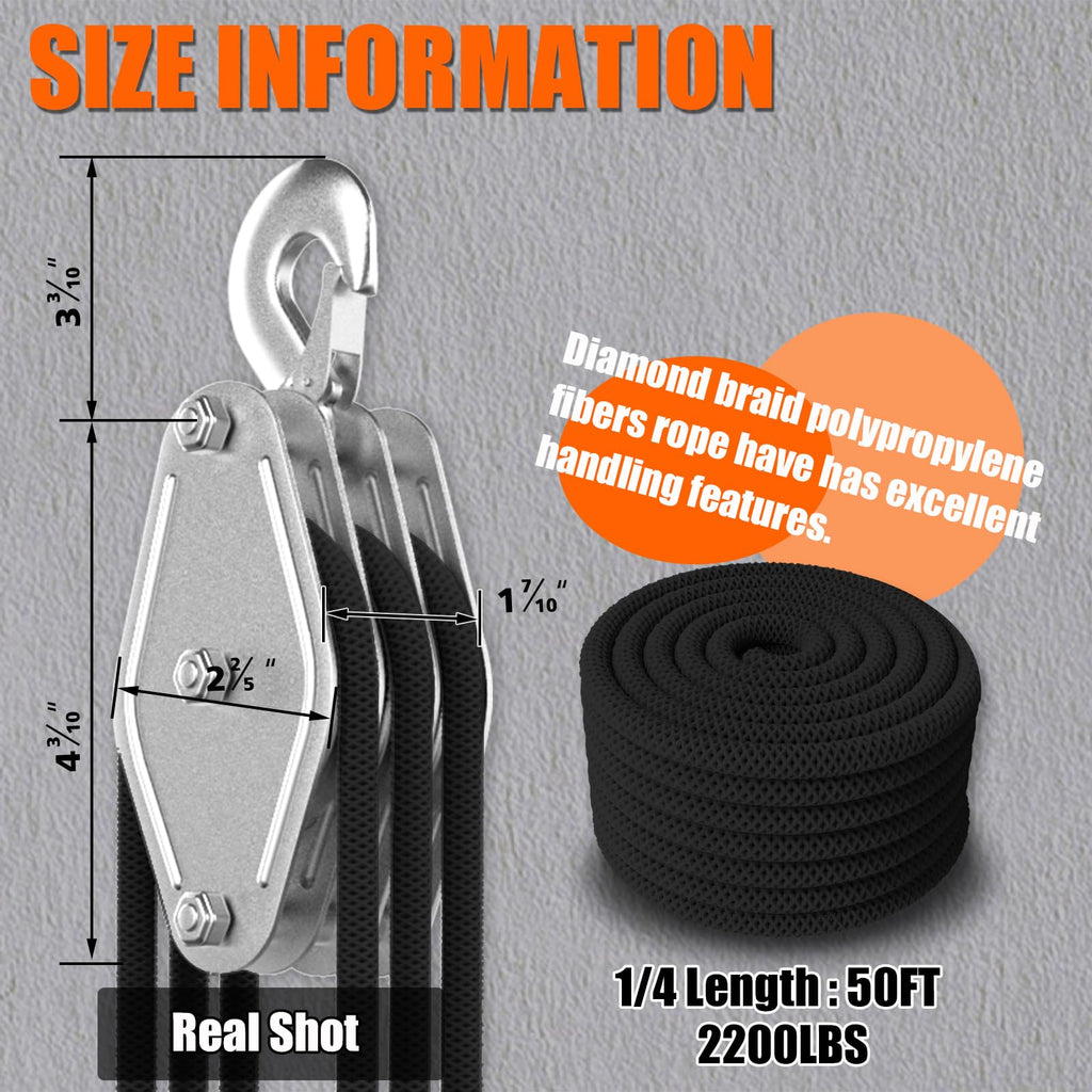 YATOINTO Rope Pulley Hoist with Bearing, 2200 LB Pulley Block and Tackle System 6:1 Power, Pulley Block 1100LB Loading Capacity, 50ft Heavy Duty Rope Hoist for Hunting Garage Warehouse Constructions