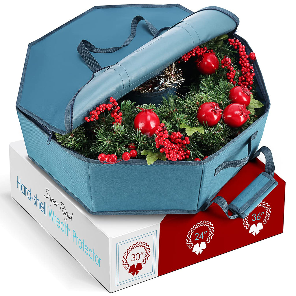 Hearth & Harbor Wreath Storage Container - Hard Shell Christmas Wreath Storage Bag with Interior Pockets, Dual Zipper and Handles - 30"