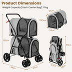 HAPPAWS Dog Stroller with 2 Detachable Carrier, Pet Stroller for Small Medium Dogs Cats, Jogger/Travel/Camping, 4-in-1 Doggy Pet Carrier, Carrier Strolling Cart with Lockable Wheels (Gray)