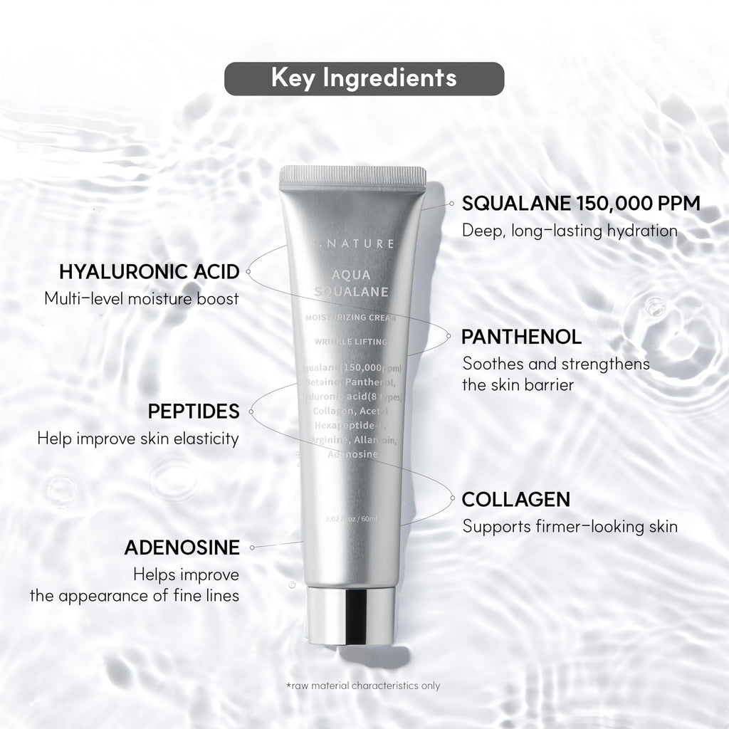 S. Nature AQUA SQUALANE MOISTURIZING CREAM | Face Moisturizer for Dry and Sensitive Skin, Vegetable Squalane 150,00ppm, Long-lasting Hydration, Pore Care Cream, Korean Skin Care (2.02 Fl Oz, 60ml)