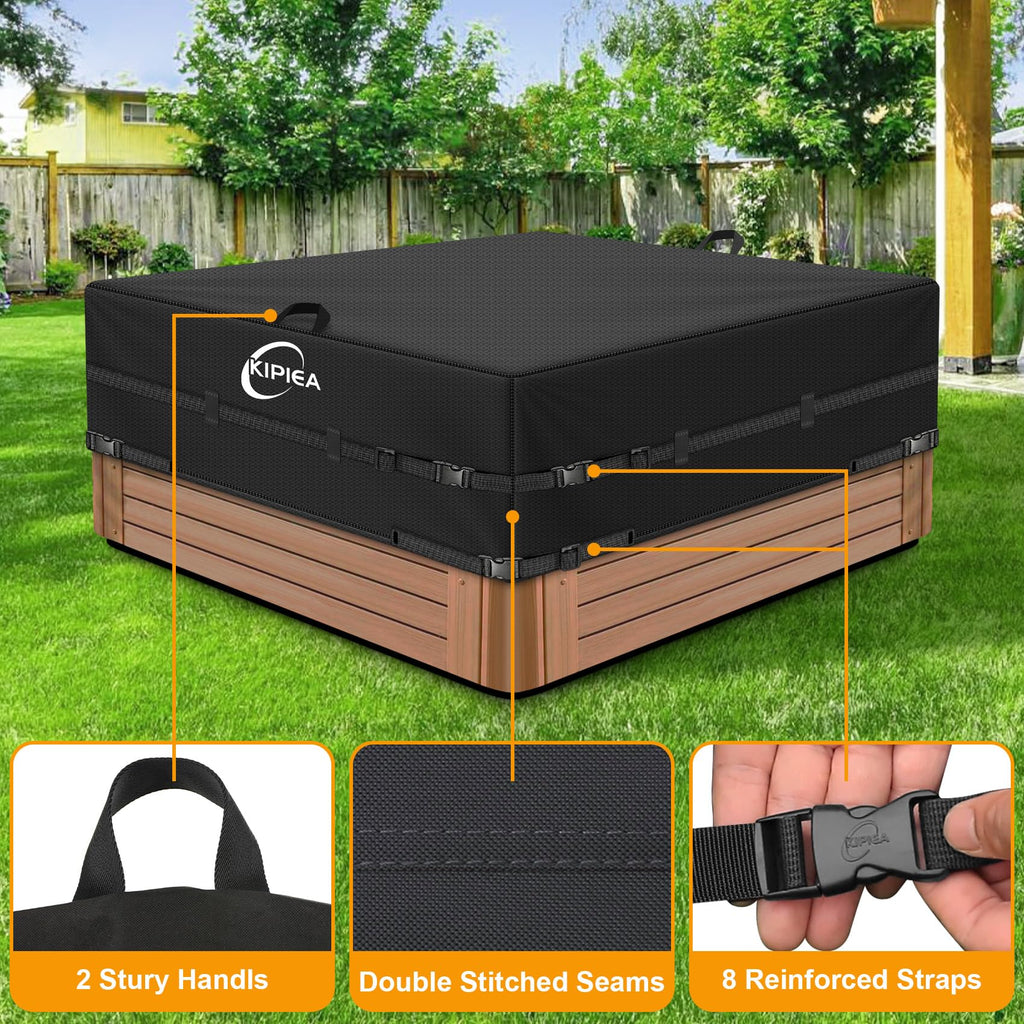 Kipiea 600D Outdoor Waterproof Square Hot Tub Cover Protector, Heavy Duty Polyester SPA Cover UV Protection Cover 90" L x 90" W x 20" H, Black