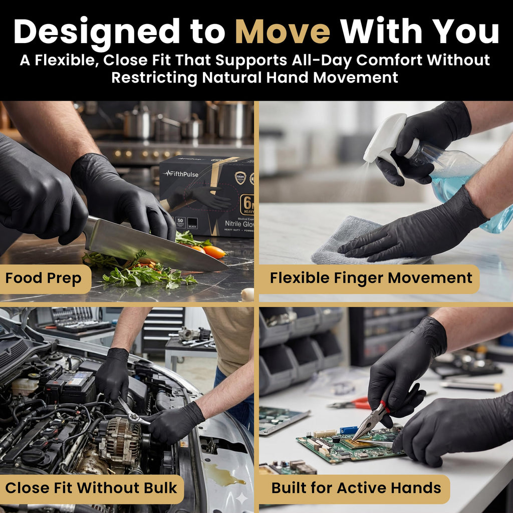 FifthPulse 6 Mil Black Nitrile Gloves Medium, 200 Count Heavy-Duty Disposable Gloves for Mechanics, Food Prep, and Medical Use - Powder-Free, Latex-Free, Extra Thick & Puncture-Resistant Rubber Glove