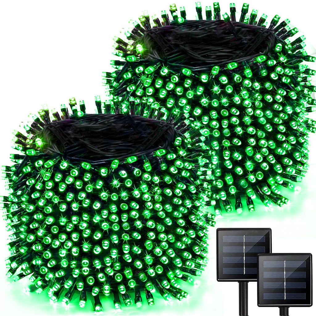 2 Pack 480 LED Solar Chrismas Lights Outdoor, Solar String Lights for Outside with 8 Modes & Memory Function, Waterproof Twinkle Light for St Patrick's Day Xmas Tree Yard Party Decorations (Green)